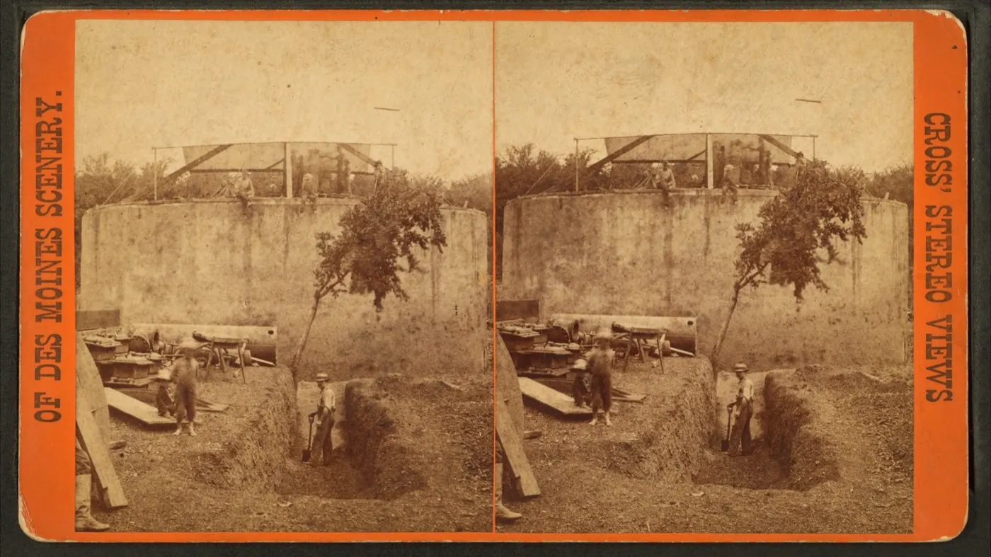 An 1870s stereoscopic card showing the mammoth supply well for the Des Moines Water Works under construction.
